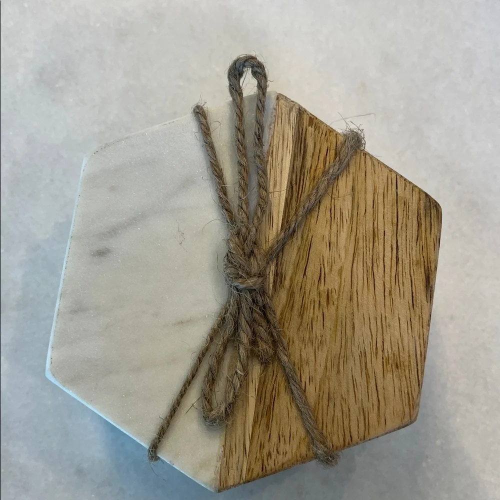 Marble and Wood Coasters Hexagon Set of 4 NWT